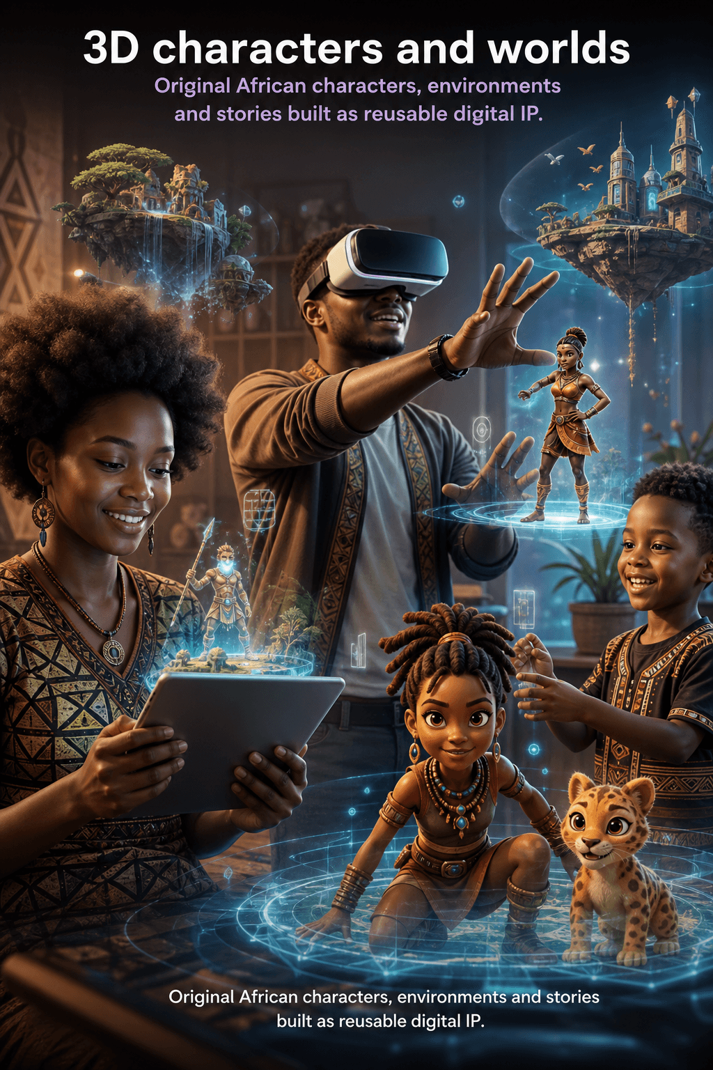 A family using tablets and a VR headset to interact with original 3D African characters and floating fantasy worlds rendered in front of them