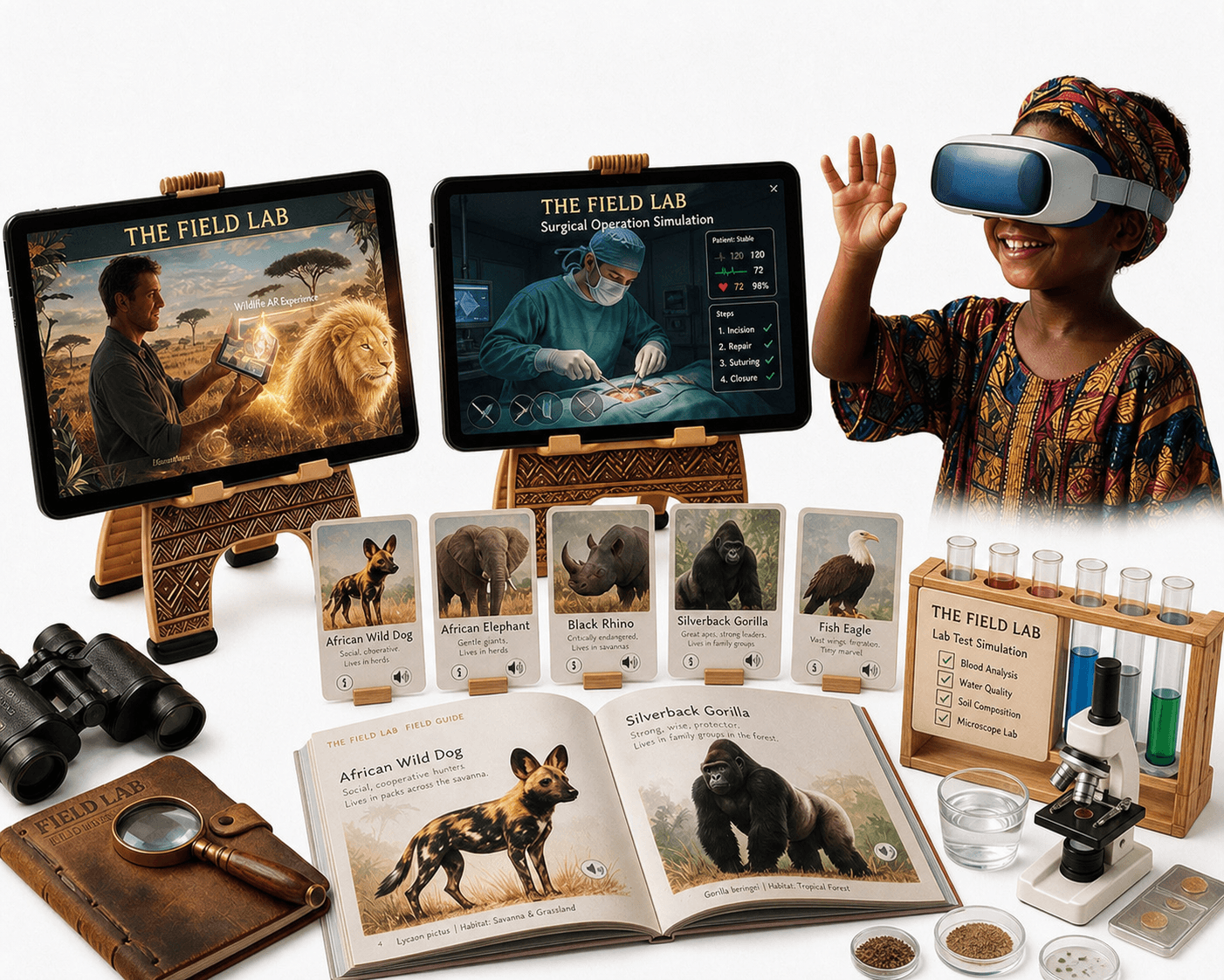 A field guide, binoculars and a lab test-tube rack beside two tablets showing wildlife AR and surgical simulation apps, with a child wearing a VR headset