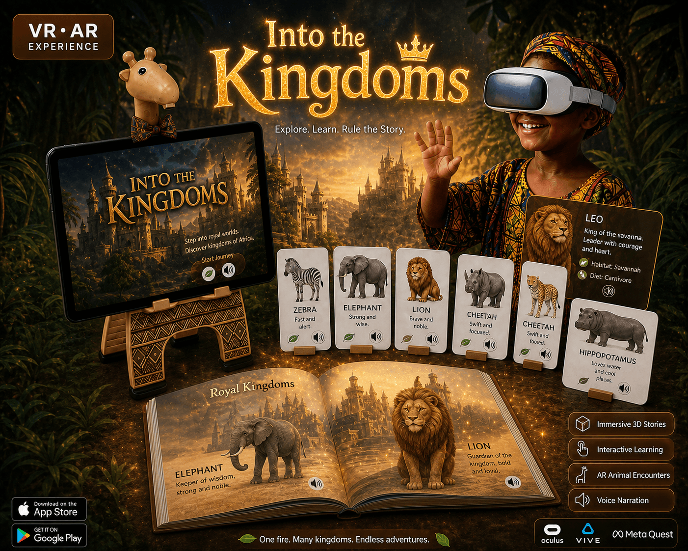 A child wearing a VR headset, hand raised, surrounded by AR animal fact-cards, with a tablet on a carved stand and a storybook open in front of her