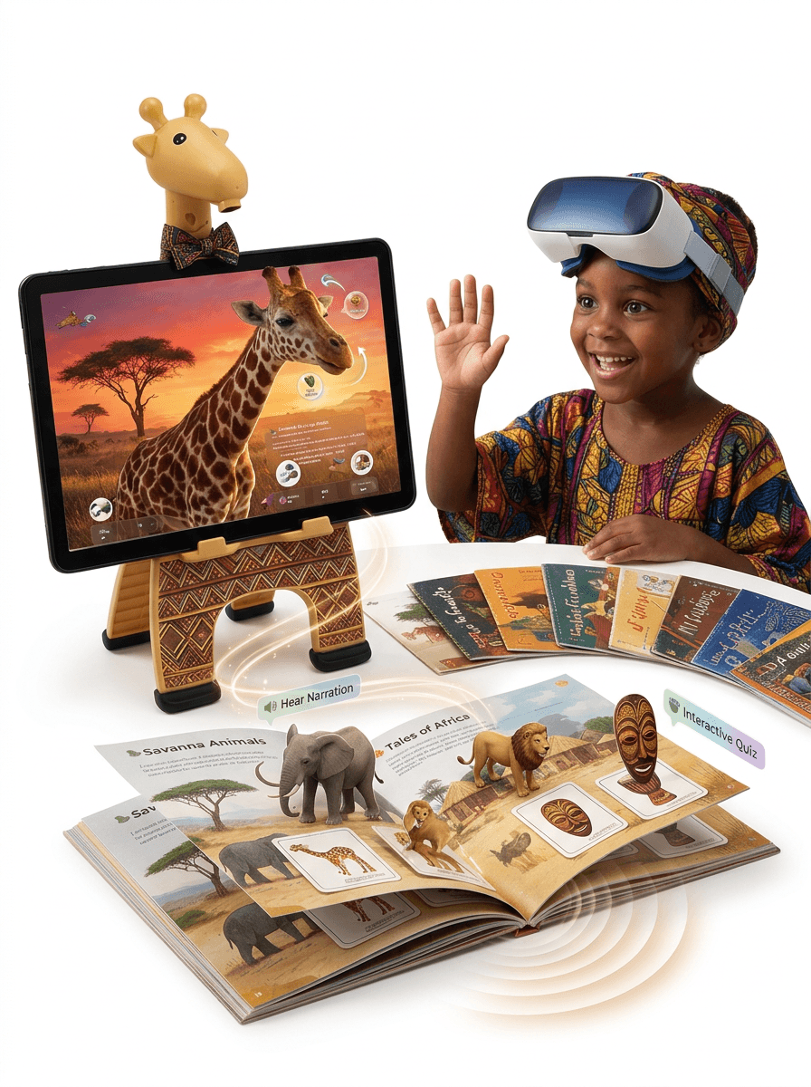 A child in traditional dress wearing a VR headset beside a tablet on a carved stand, with a fan of AR storybooks open in front of her
