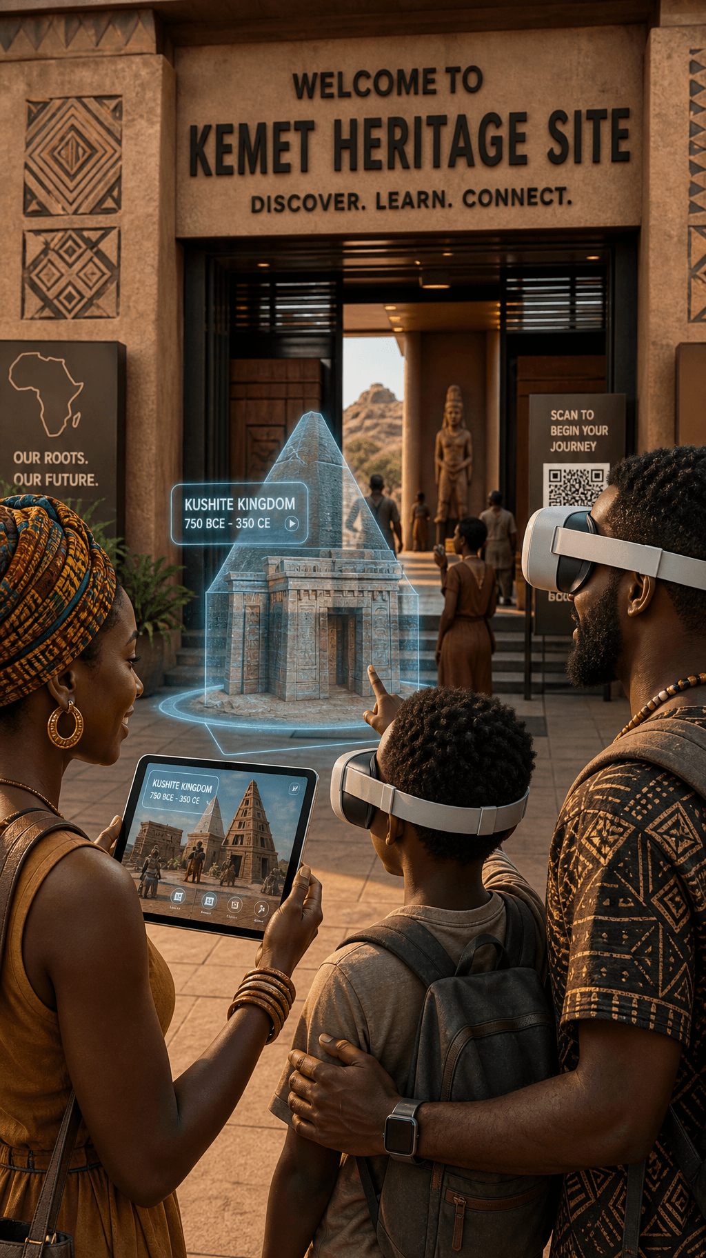 A family wearing VR headsets in front of a heritage site entrance, viewing a 3D holographic reconstruction of an ancient temple on a tablet