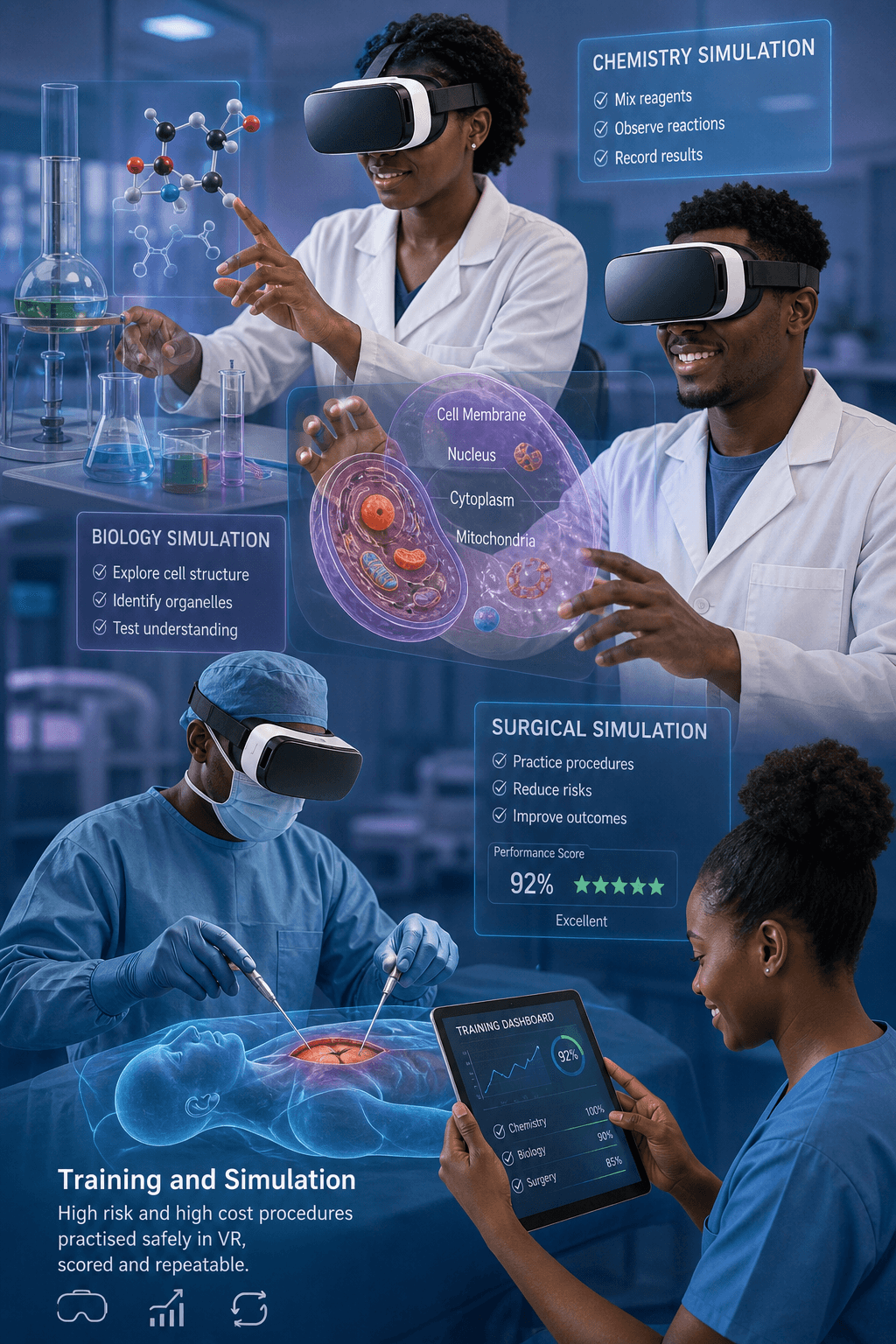 Medical staff wearing VR headsets practising chemistry, biology and surgical simulations, with a trainee reviewing a scored training dashboard on a tablet