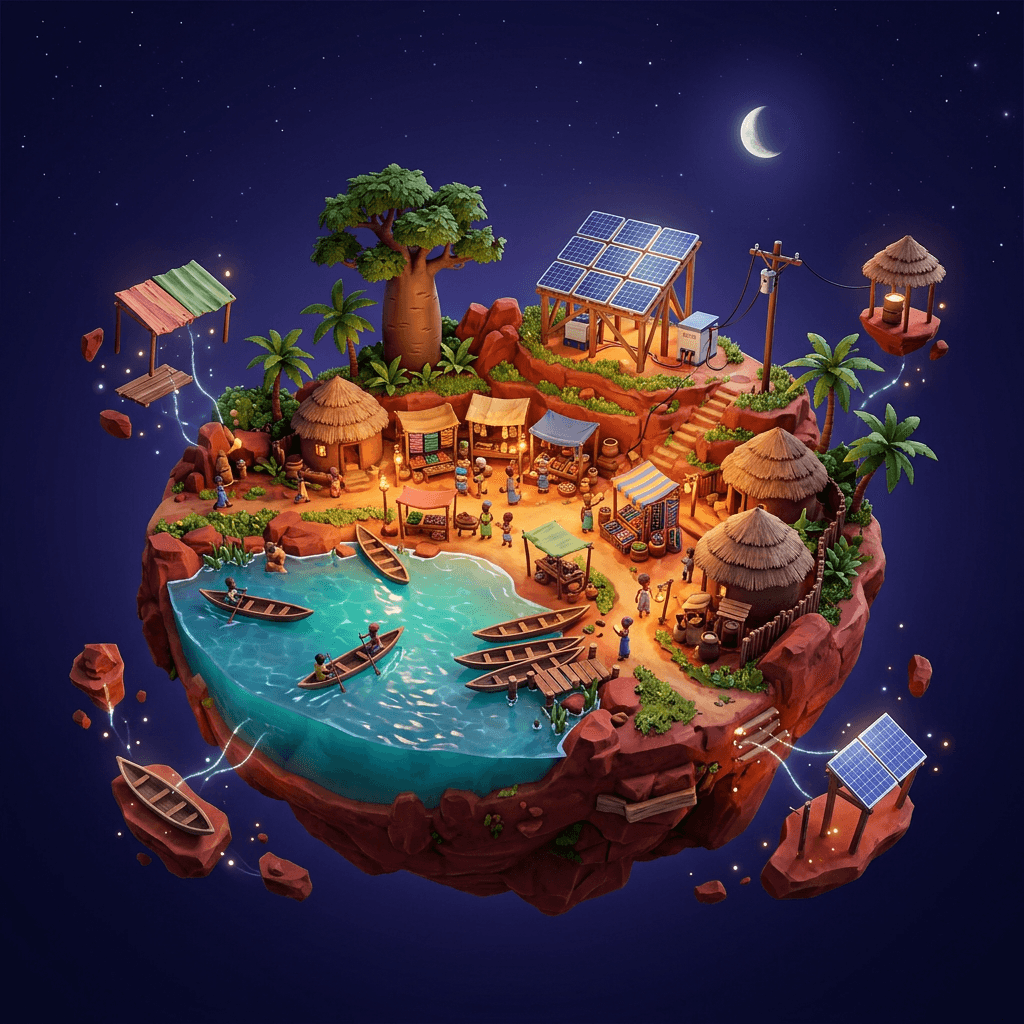 A stylized 3D diorama of a West African lagoon community on a floating island of red earth: canoes, market stalls, a baobab tree and a solar microgrid under an indigo night sky