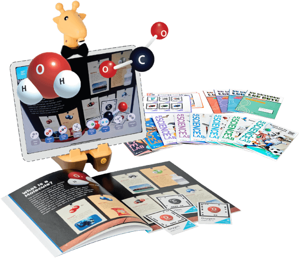 The AR Science Lab kit: a fan of science titles, an open book, and a tablet on the Spotty stand showing water and carbon dioxide molecules rising off the page