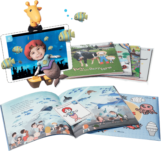 The Into the Community book set: an open illustrated title, a fan of further titles, and a tablet on the Spotty stand showing the page's scene in 3D with fish swimming out of it