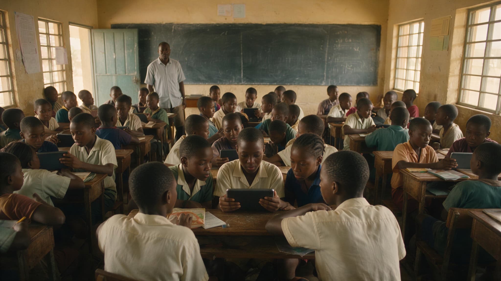 A crowded secondary school classroom, students at wooden desks sharing tablets in small groups, a teacher standing by the chalkboard at the front